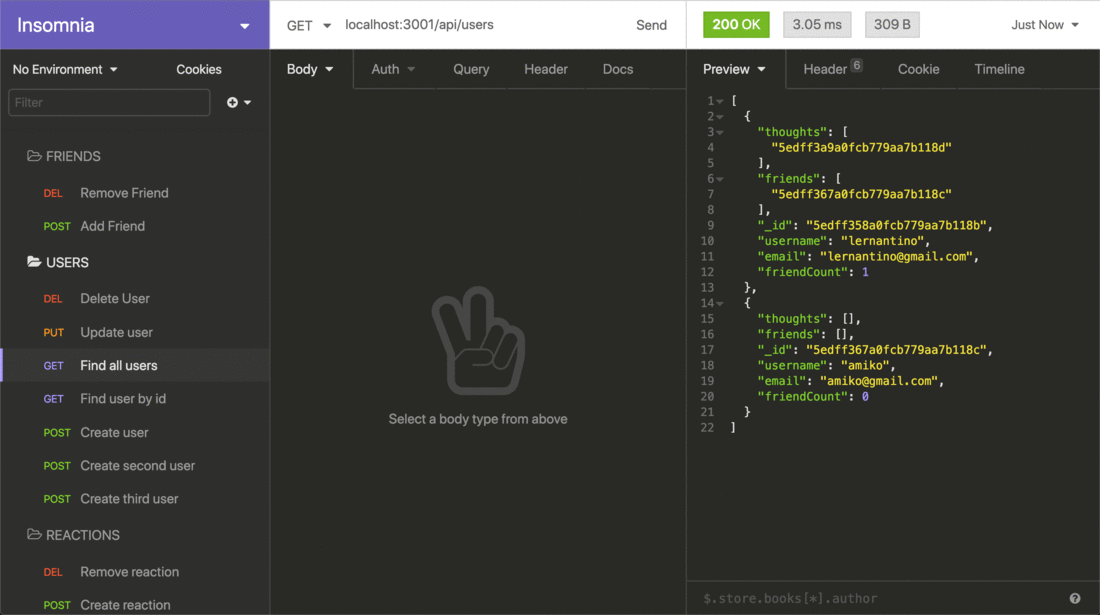 Demo of GET routes to return all users and all thoughts being tested in Insomnia.