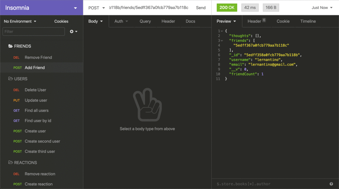 Demo that shows the POST and DELETE routes for a user’s friend list being tested in Insomnia.